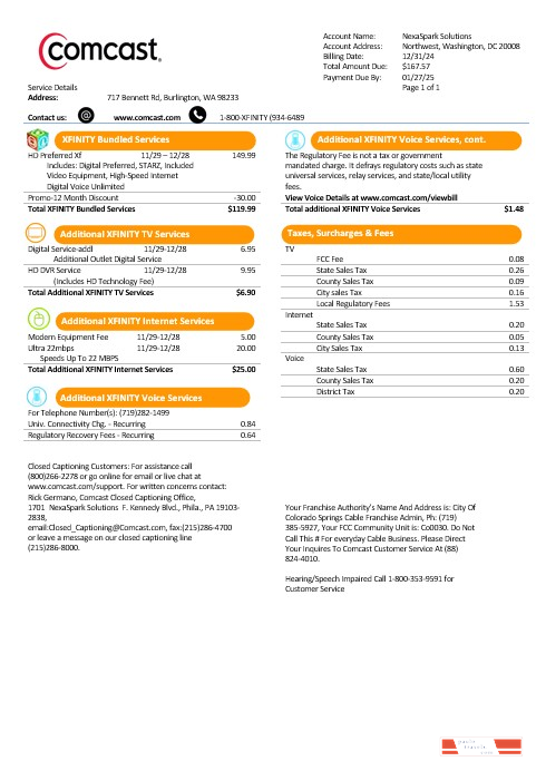 USA Utah Comcast business utility bill template in Word and PDF formats, version 1
